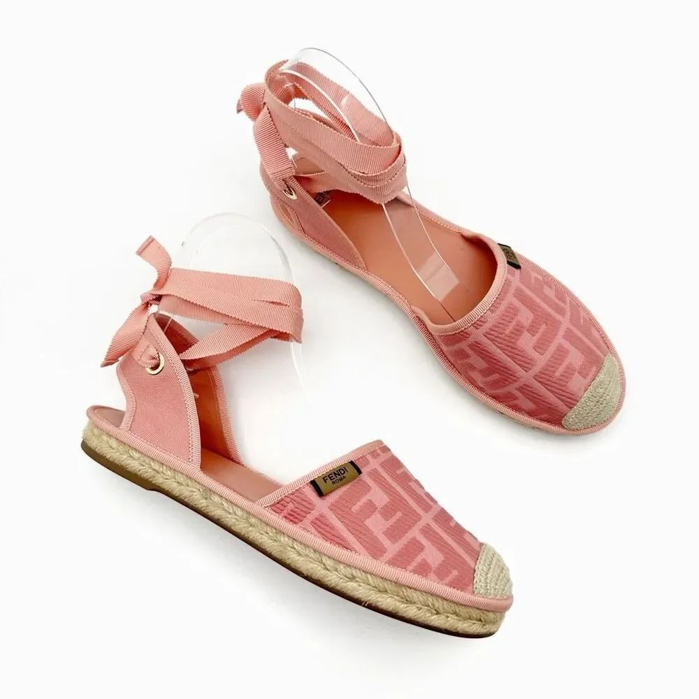 FENDI Pink Canvas FF Forever FENDI Flats Size 40 US 9.5 Ankle Wrap Espadrille